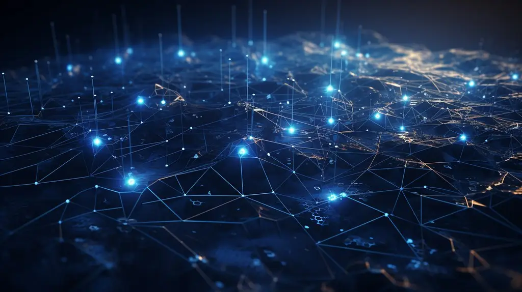 Two blockchain networks linked by a glowing bridge of nodes