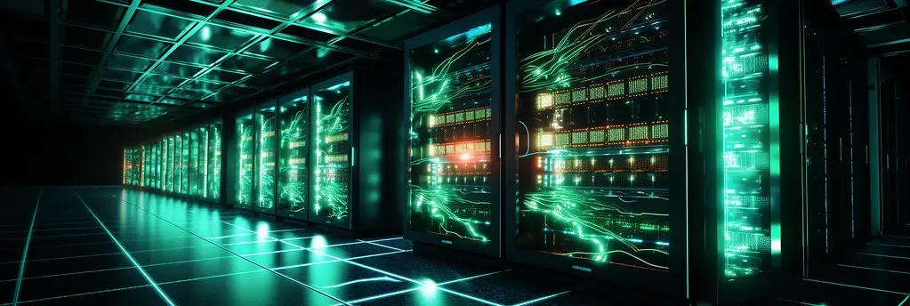 Rows of GPU servers in a data center running LLM inference