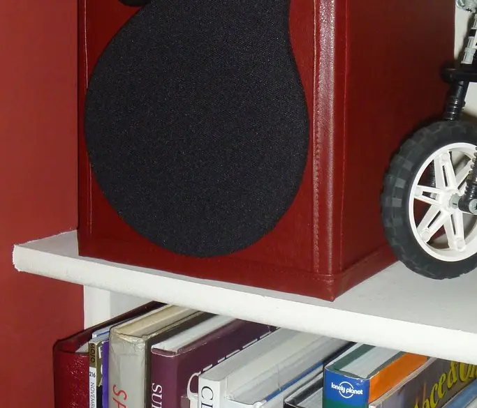 A pair of bookshelf speakers on stands flanking a television, creating a wide stereo soundstage